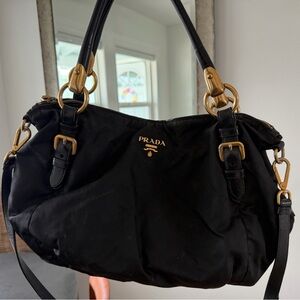 Prada Black Nylon and Black Leather with Gold Shoulder Bag